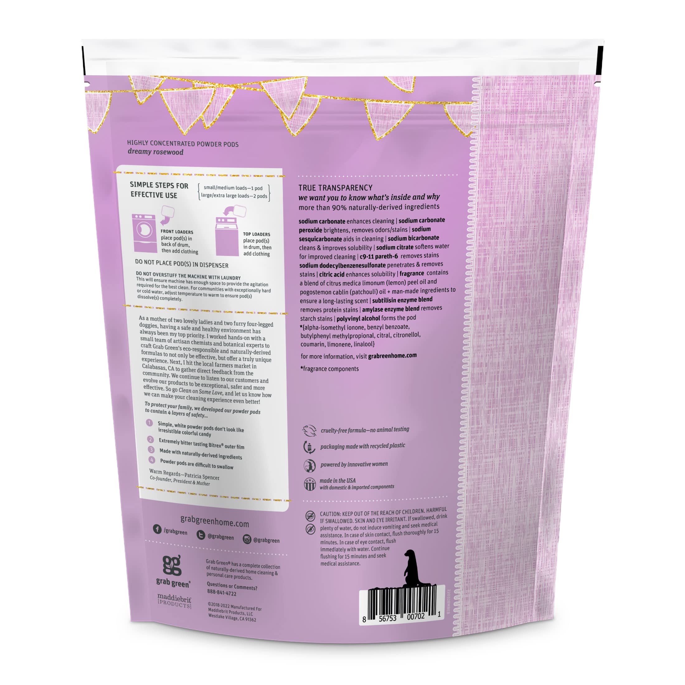 Grab Green Baby Laundry Detergent Pods, 50 Count, Dreamy Rosewood, Plant and Mineral Based, Formulated to Tackle Growing Baby (5 Months and Older) Laundry Stains