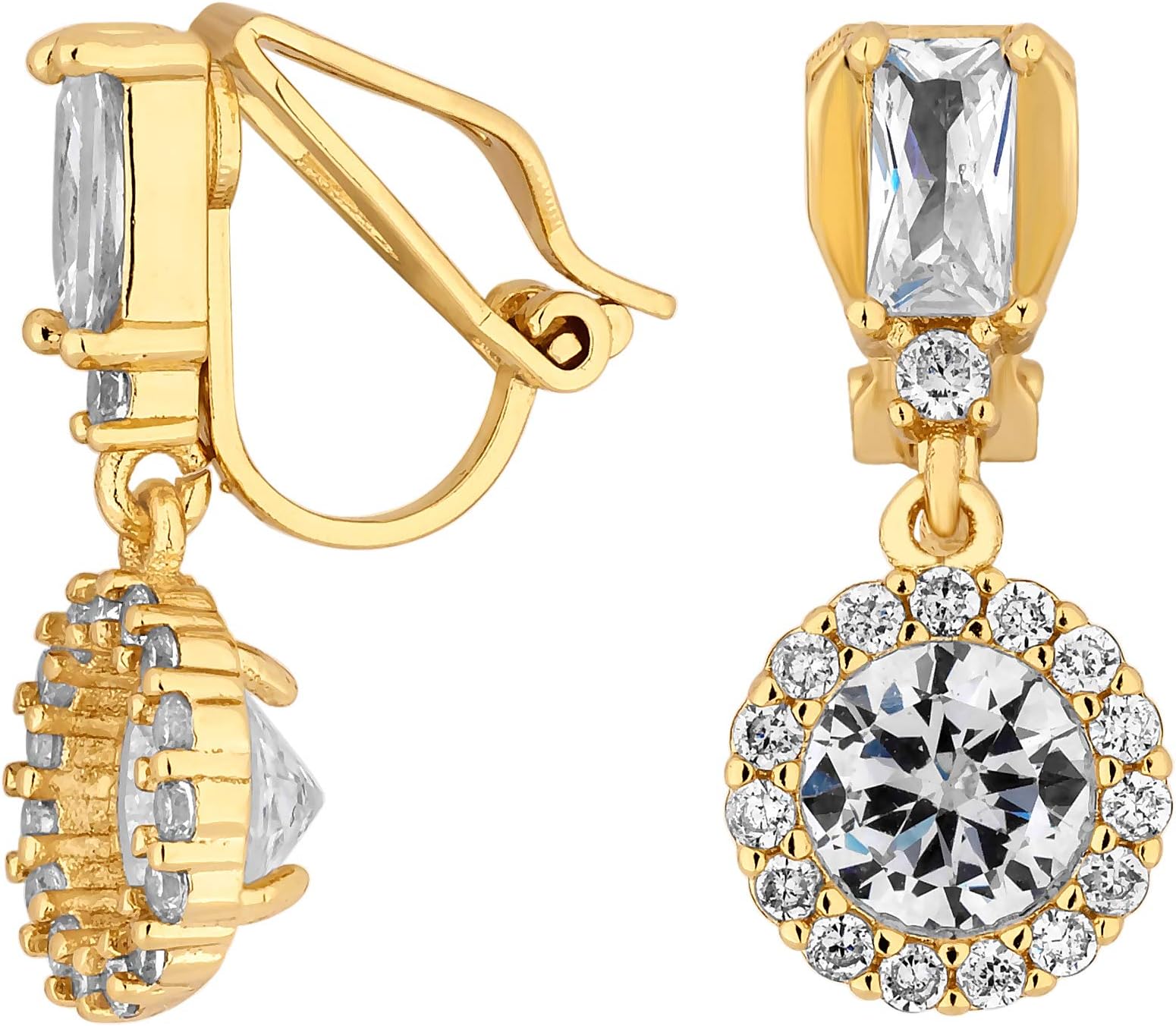 Women's Gold Plated Clear Crystal Baguette Stone With Round Crystal Drop Clip On Earring