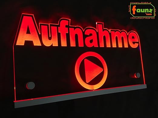 LED Leuchtschild „Aufnahme“ rot opak als hochwertige Plexiglas-Gravur Konturschnitt mit Steckernetzteil 230-12V Tonstudio Mus