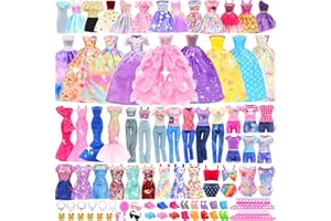 ENOCHT 80 PCS Doll Clothes and Accessories 5 Wedding Gowns 9 Fashion Dresses 3 Tops 3 Pants 1 Evening Dresses 2 Swimsuits Bikini 20 Hangers 18 Shoes and 22 Accessories Toys for 11.5 inch Doll