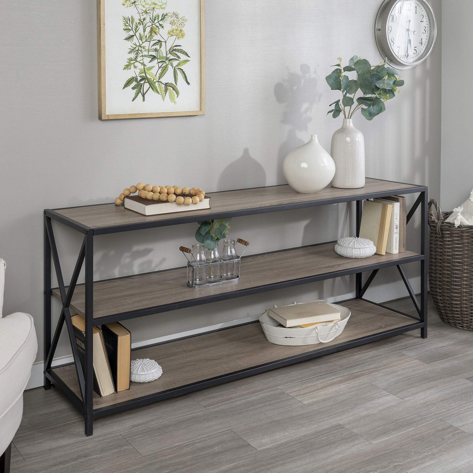 WE Furniture AZS60XMWAG Console Table, 60 Inch Wide, Driftwood/Black Metal