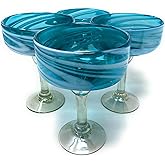 Dos Sueños Mexican Hand Blown Glass – Set of 4 Hand Blown Margarita Glasses Aqua Swirl (16 oz)