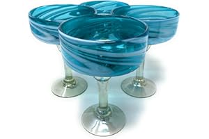 Dos Sueños Mexican Hand Blown Glass â€“ Set of 4 Hand Blown Margarita Glasses Aqua Swirl (16 oz)