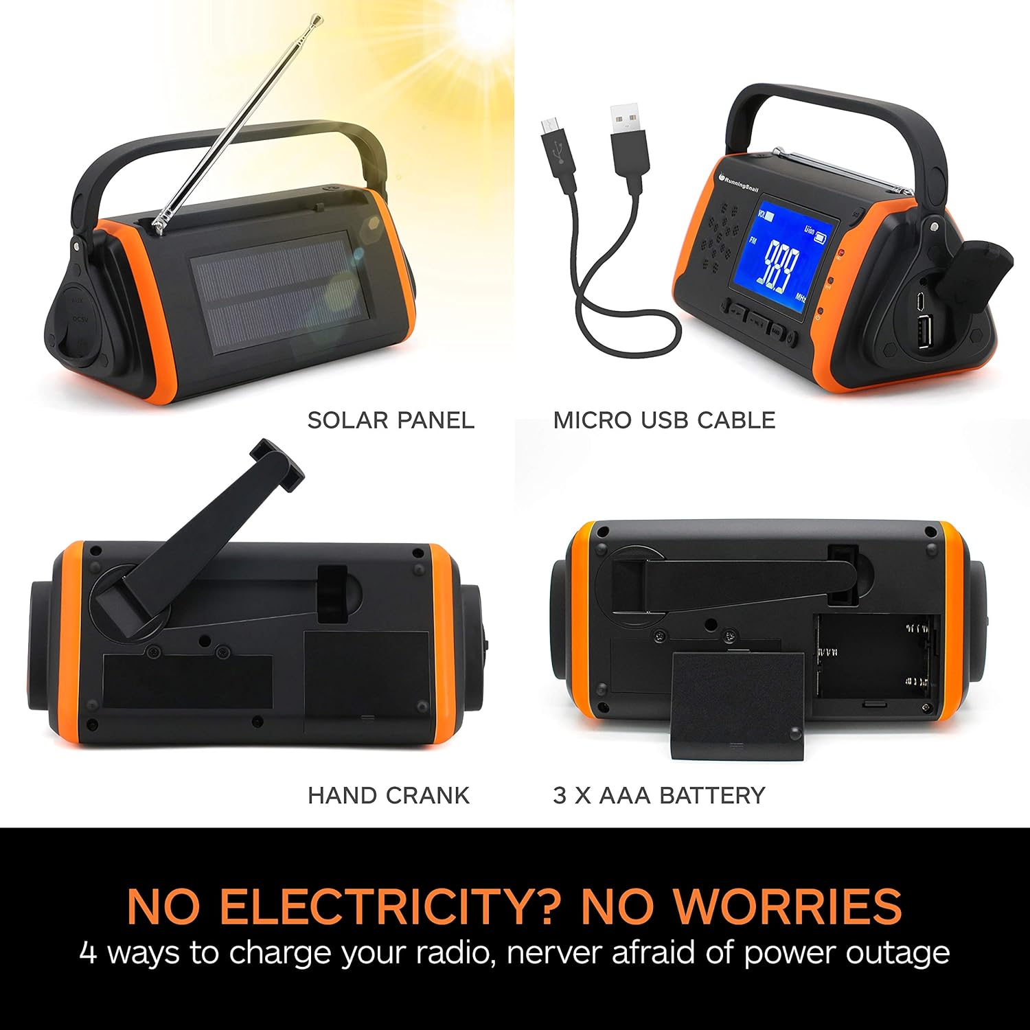 Emergency NOAA Weather Crank Solar Powered Portable Radio with 4000mAh Battery Power for Cell Phone, Bright Flashlight for Household Emergency and Outdoor Survival (097-Orange): Home Audio & Theater