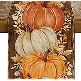 RABUSOFA Fall Table Runner 13x72 Inch Orange Pumpkins Fall Decor for Home | Golden Maple Leaves Nostalgic Print,Seasonal Autumn Kitchen Dining Table Holiday Thanksgiving Decorations for Party
