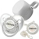 Personalized Pacifier with Name, Bling Gold Pacifier Clip Set Storage Box, Customized Glitter Crystal Luxurious Soother Ideal Gift for Boys Baby Shower Photography Newborn (Silvery)