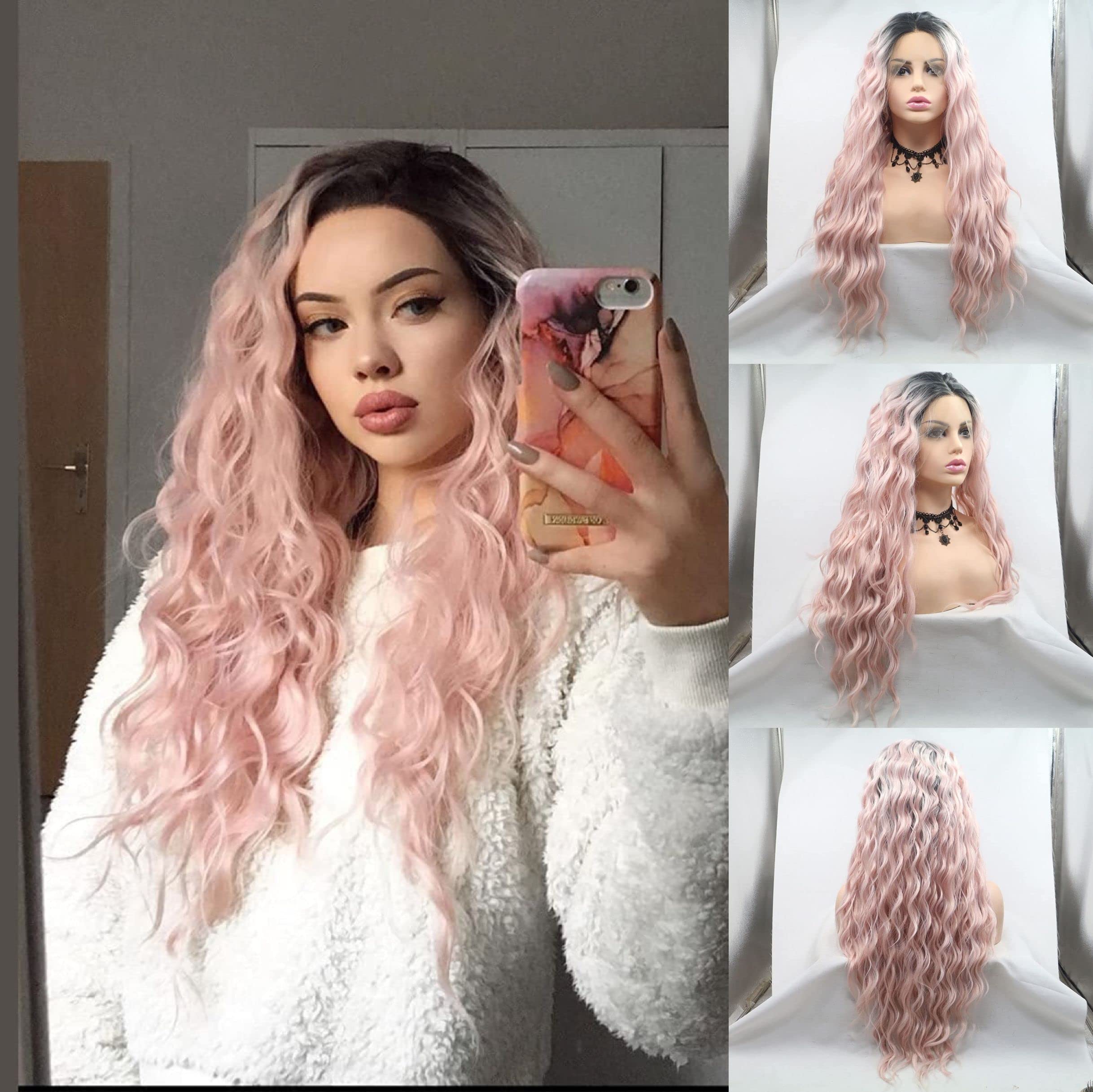 Ombre Pink Water Wave Synthetic Lace Front Wig - Heat Resistant Cosplay & Party Wig - 26Inch