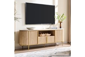 OKD Luxury 70" Fluted TV Stand, Modern Chic Entertainment Center for TVs Up to 80 inches, TV Console with Faux Marble Top, Curved Profile Design, Media Console for Living Room, Natural Oak