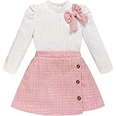 Toddler Girl Plaid Outfits Fall Winter Dress Knit Ribbed Bow Sweatshirt Tops and Button Fashion Skirts Set