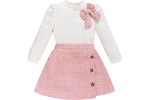 TITKKOP Toddler Girl Plaid Outfits Fall Winter Dress Knit Ribbed Bow Sweatshirt Tops and Button Fashion Skirts Set
