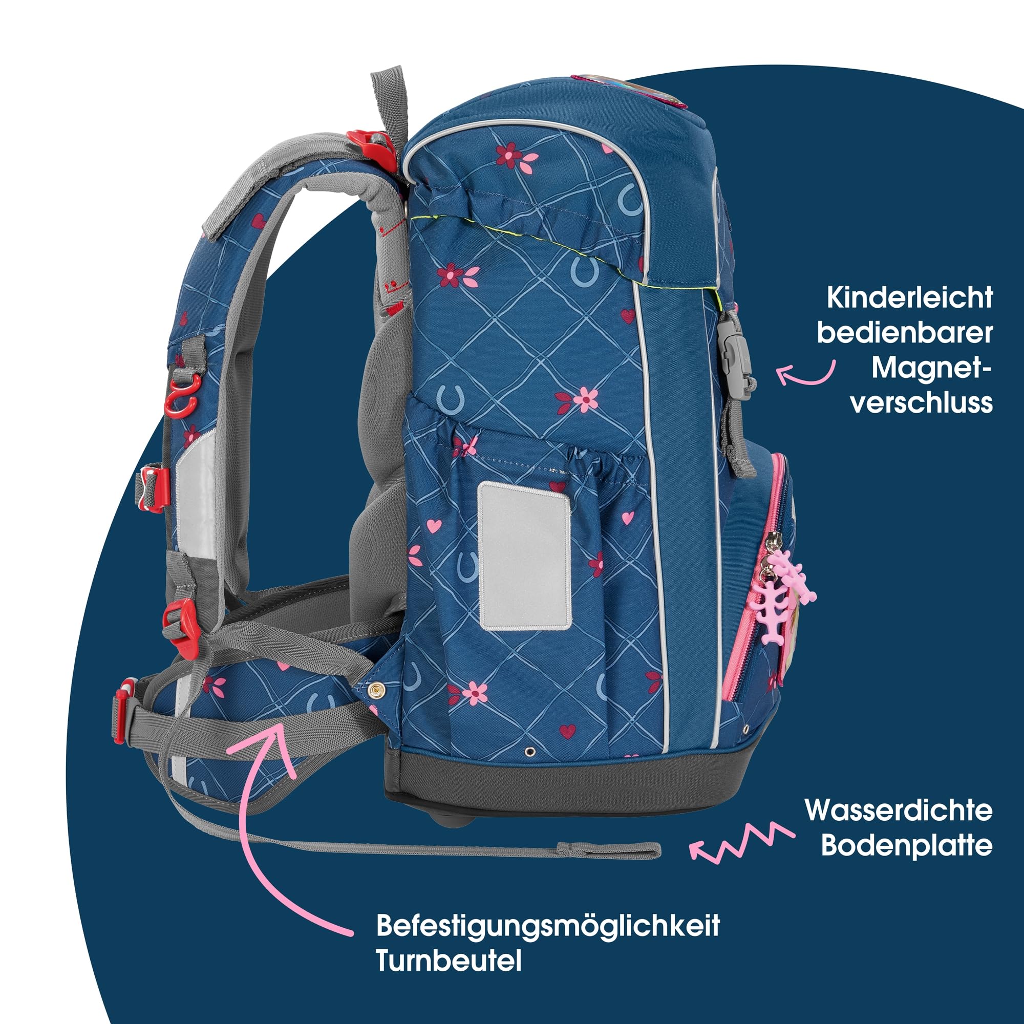 Step by Step Schulranzen-Set GIANT „Horse Lima“ 5-teilig, ergonomischer Tornister, höhenverstellbar mit Hüftgurt, für die Grundschule, ab der 1. Klasse, 23L, blau-rosa, Pferd-Design 3