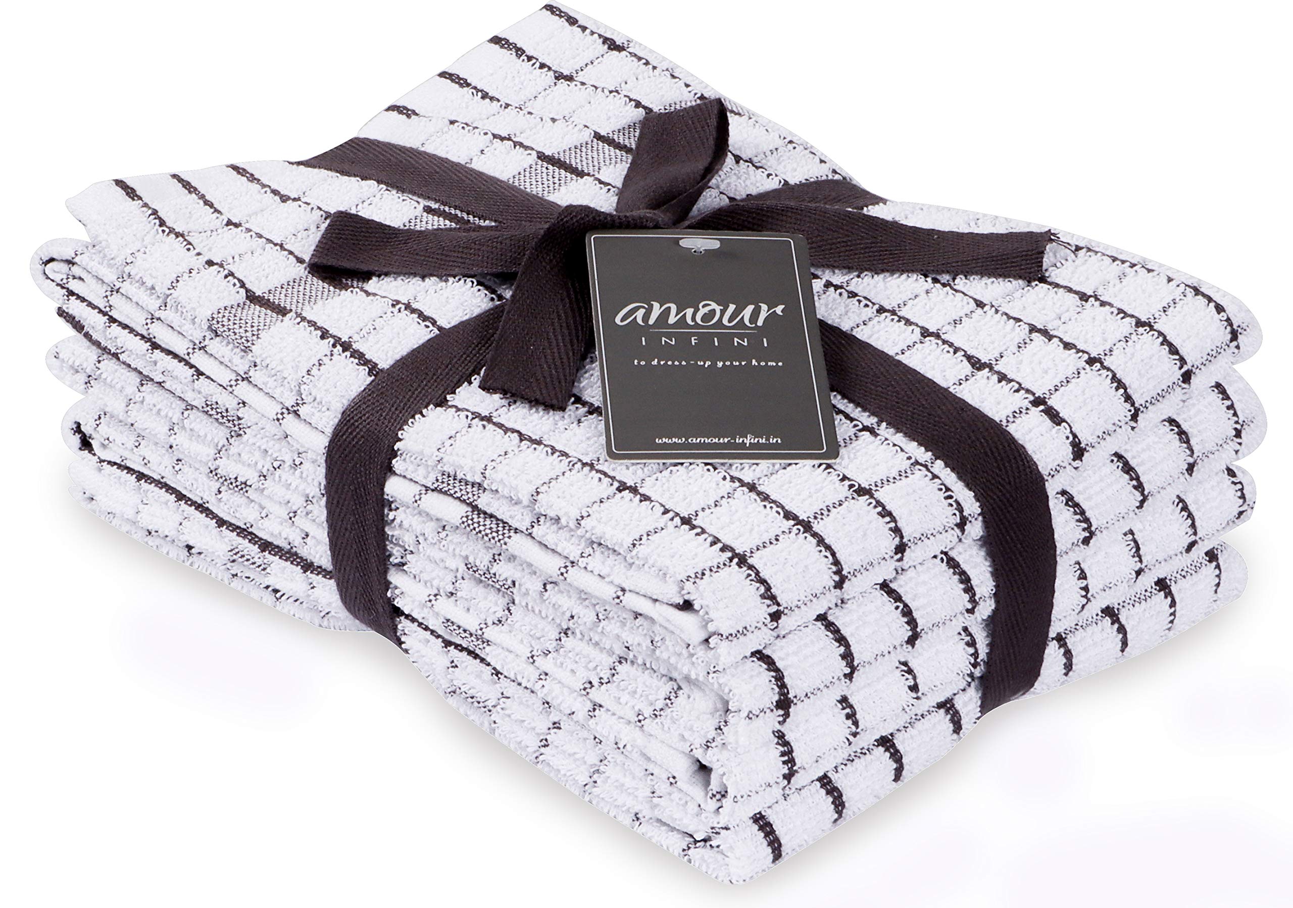 AMOUR INFINI Terry Kitchen Towels | Set of 4 | 50 x 70 cm | Super Plush and Absorbent |100% Cotton Dish Towels with Hanging Loop | Perfect for Household and Commercial Uses | Dark Grey