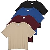 Real Essentials 4 Pack:Women's Lettuce Trim Ribbed Knit Short Sleeve Crop Tops Shirts Casual Summer Going Out T-Shirts