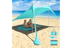 Pop Up Beach Tent Sun Shelter UPF50+, 7.8x7.8 FT Windproof Sun Shade with Beach Blanket, 2 Stability Poles, Carrying Bag, San