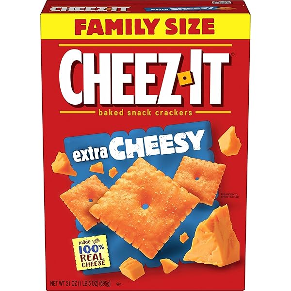 CHEEZ-IT CHEESE CRACKERS, BAKED SNACK CRACKERS, LUNCH SNACKS, FAMILY SIZE, EXTRA CHEESY, 21OZ BOX (1 BOX)