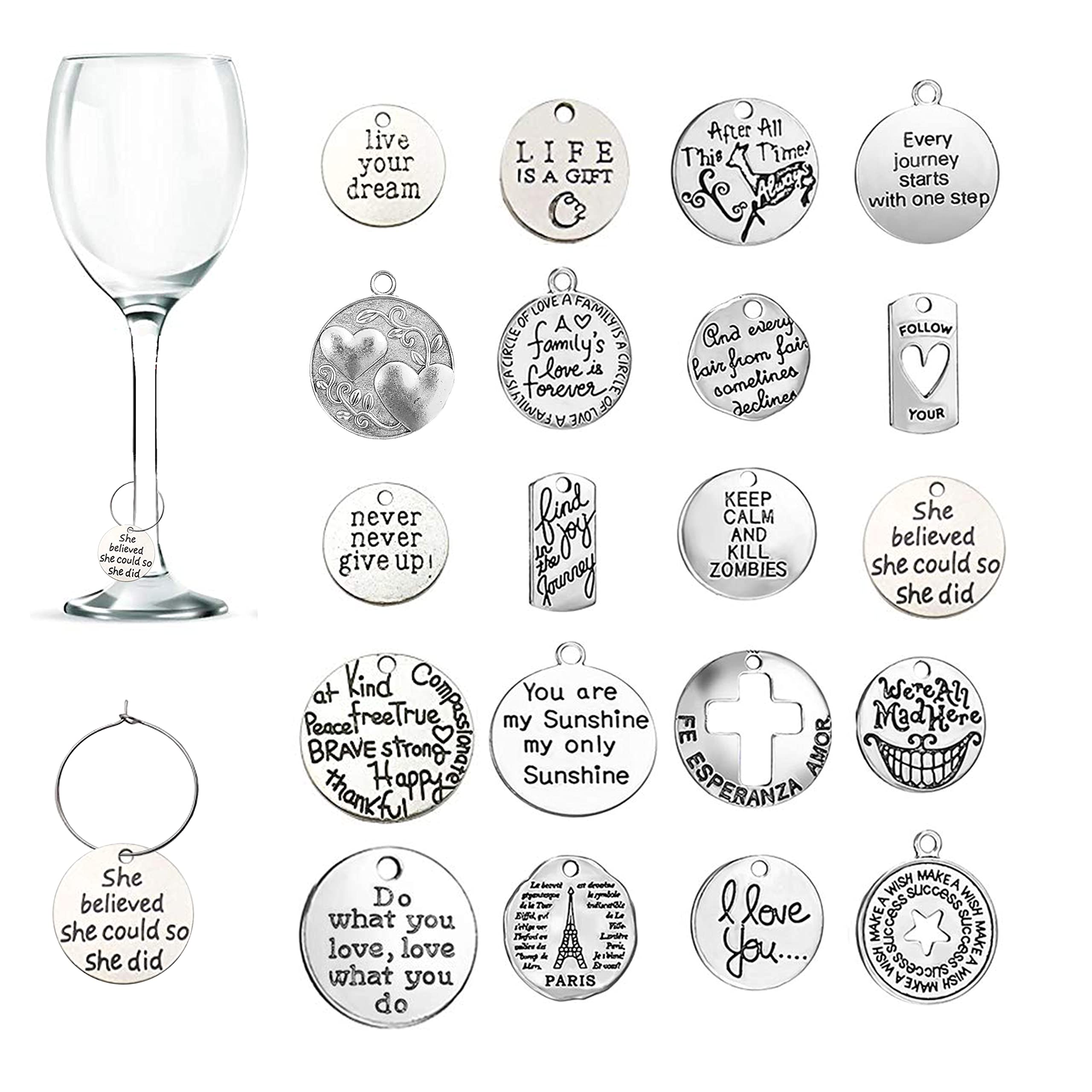 CNYMANY 20 pcs Wine Glass Charms, Inspiration Text Themed Goblet Drink Markers Tags with Buckle Design for Wine Cocktail Champagne Tasting Party Favors Decoration Supplies Gifts