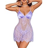 Avidlove Women's Sexy Lingerie Set Babydoll Dress Satin Bust Lace Nightwear with Thong 2 Piece Lilac