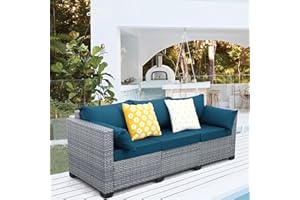 Lviden Wicker Patio Couch, Outdoor 3-seat Sofa, All Weather PE Rattan, Deep Seating Deck Furniture Set with Peacock Blue Cushions