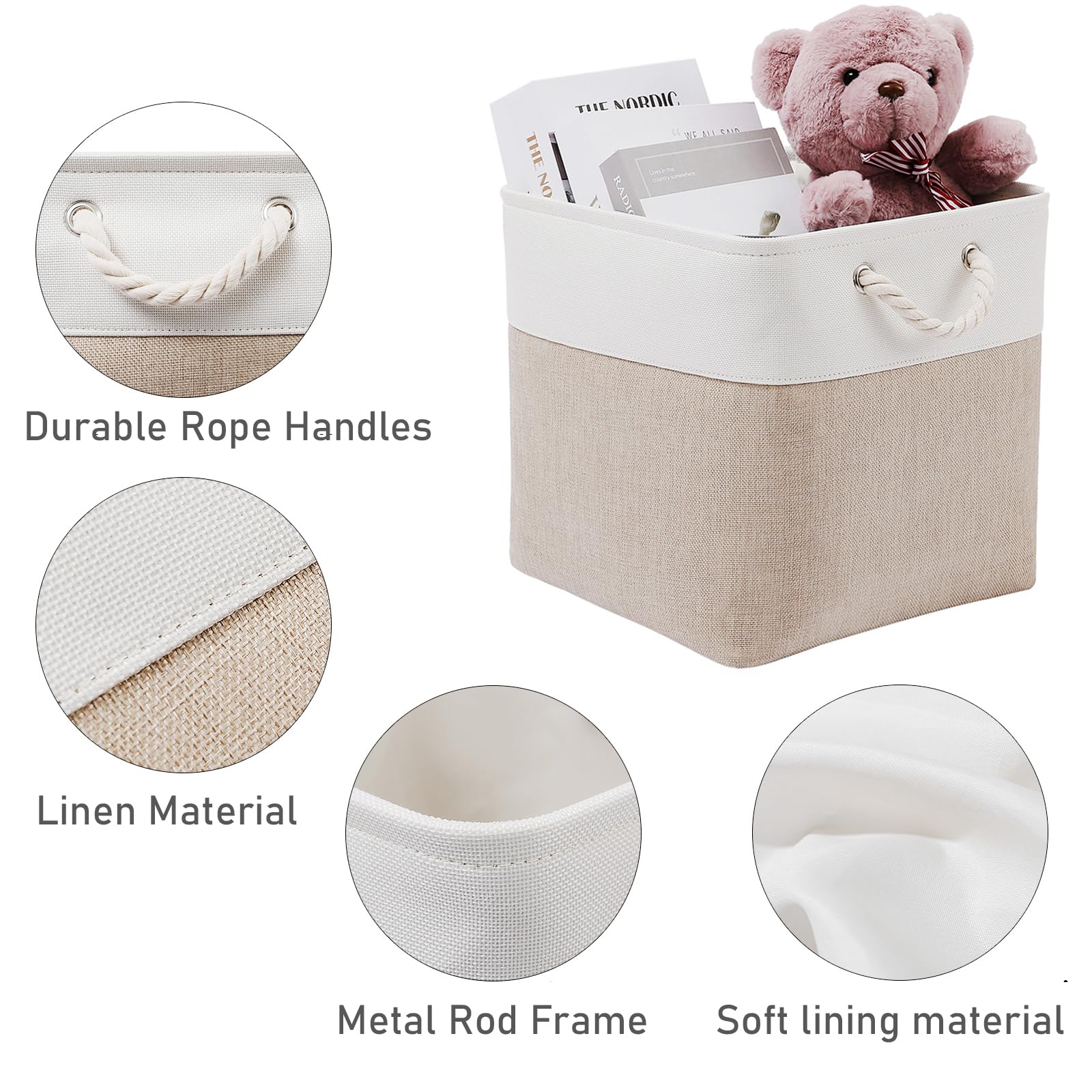 ICEMOR 30.5 x30.5cm Cube Aufbewahrungsbehälter, 6 Pack große Stoff Aufbewahrungsbehälter mit Seilen, faltbare Aufbewahrungswürfel für Haus, Kleiderschrank, Kleidung, Spielzeug Organizer (Weiß & Beige) 4