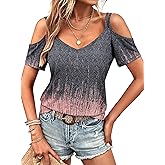 LilyCoco Womens Cold Should Tops Summer Ombre Sexy V Neck Short Sleeve T Shirt