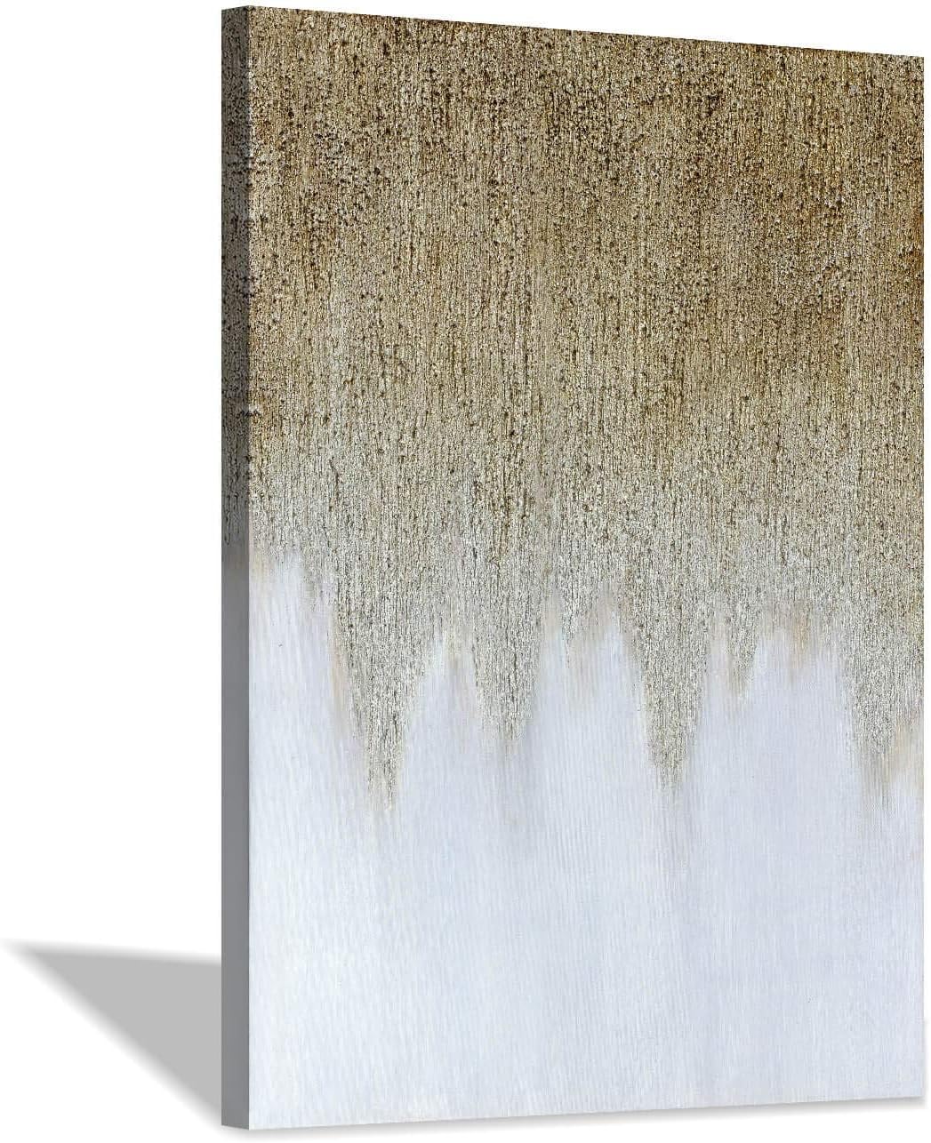 Paintings - Abstract Painting Canvas Wall Art: Rustic Hand-Painted Textured Gold White Embellishment Modern Picture Artwork for Home Decor (24” x 36” x 1 Panel)