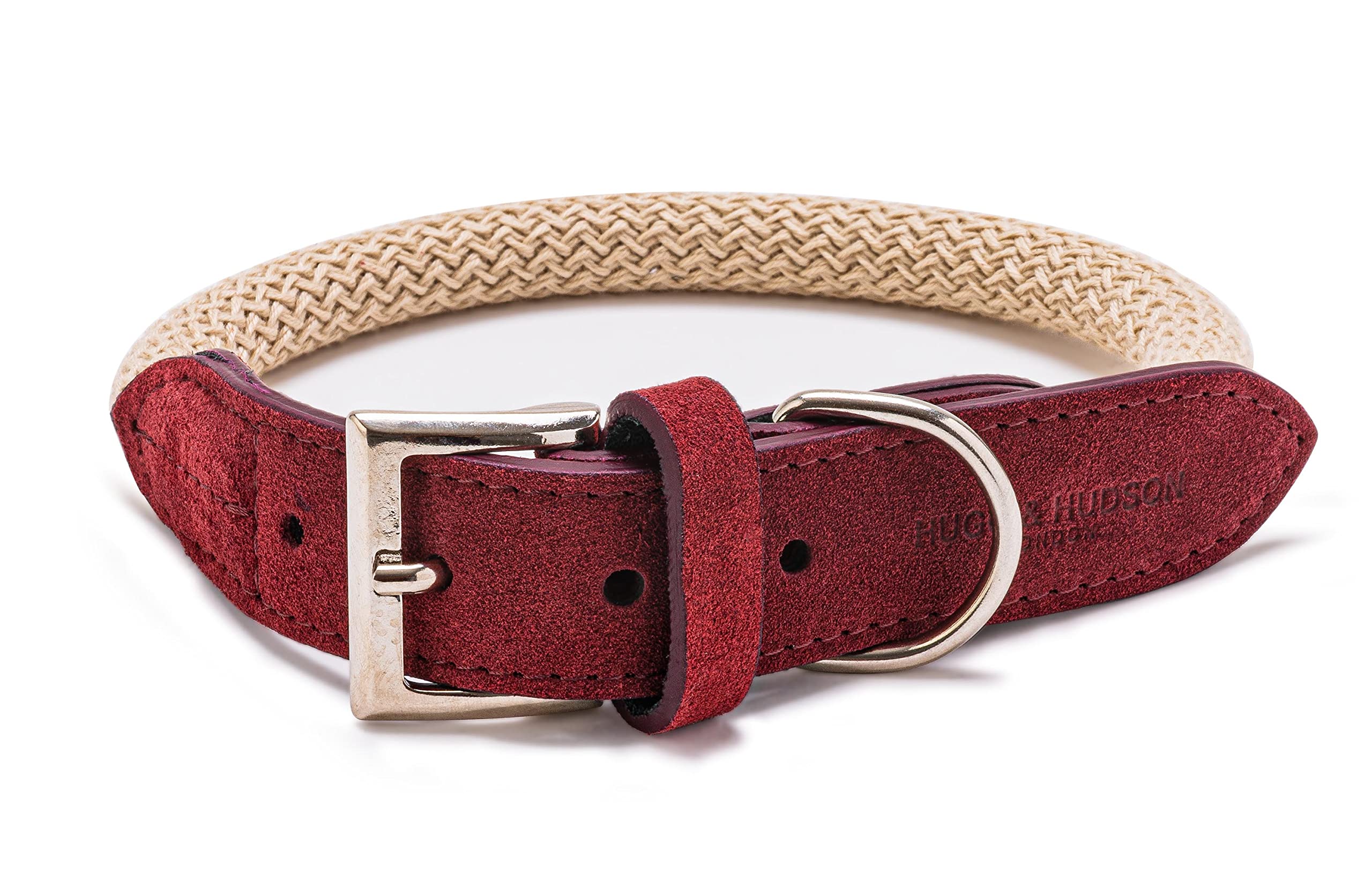 HUGO & HUDSON Luxury Dog Collar Round Rope and Leather with Adjustable Metal Buckle, Burgundy 50cm
