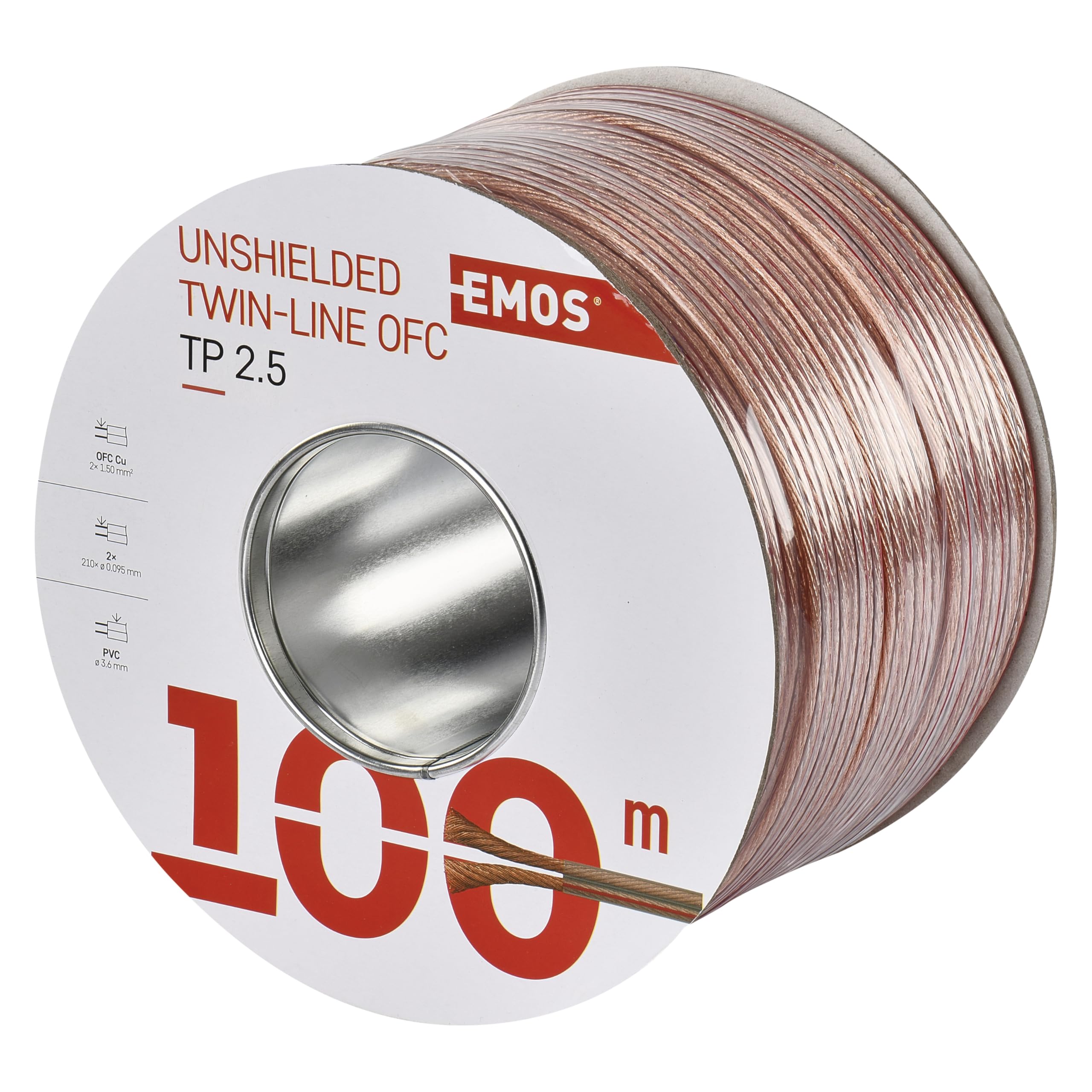 EMOS Speaker Cable OFC 2 x 2.5 mm², 100 Metre HiFi Audio Speaker Cable Pure Copper for Speakers and Surround Systems, Transparent with Polarity Marking