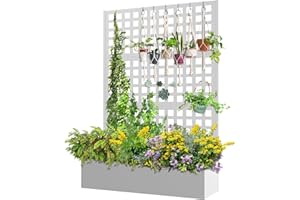FENCY Metal Raised Garden Bed with Trellis, Metal Planter Box with Trellis, Garden Box for Climbing Plants Vegetable, 47''Lx16''Wx71''H Metal Garden Bed with Drainage Holes(White)