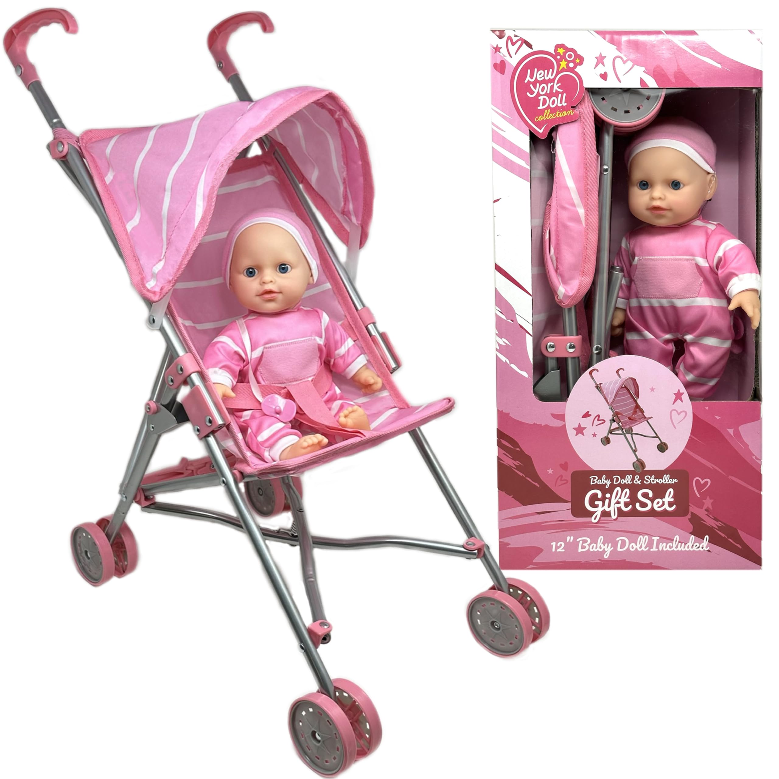 Photo 1 of Baby Doll with Stroller Set - 12" Baby Doll with Pacifier Gift Set - Pink Fabric Baby Stroller Toy for Kids - Foldable Play Stroller for Dolls with Canopy - Doll Stroller for Toddlers, Girls