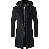 Lisskolo Men's Wool Blend Overcoat with Detachable Hooded Trench Coat Hip Length
