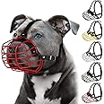 Pitbull Dog Muzzle Metal Mask Amstaff Secure Wire Basket Adjustable Durable Leather Straps for Large Dogs (Large, Red)