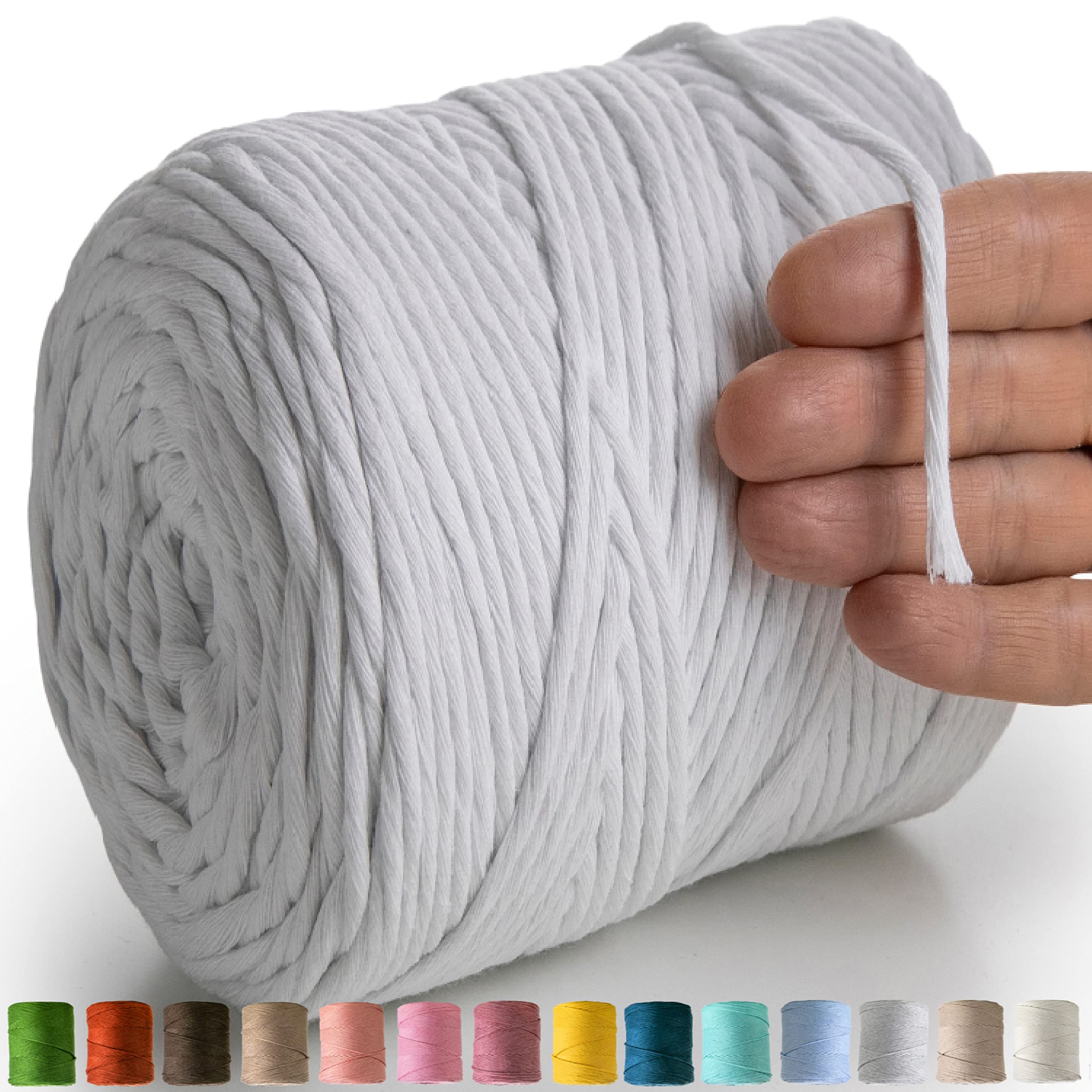 MeriWoolArt® Natural Macrame Yarn, 4 mm, Colourful, 225 m, Super Soft Cotton Yarn, Single Twisted Cord for Wall Hanging, Basket, Curtain and More DIY (White)