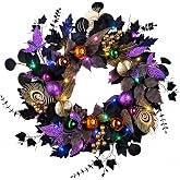 22-Inch Black and Purple Halloween Wreath for Front Door with Light String | A dried-vine base, gold accents and pumpkin faces add gothic mood to walls, entryways and parties; DIY multicolor lights