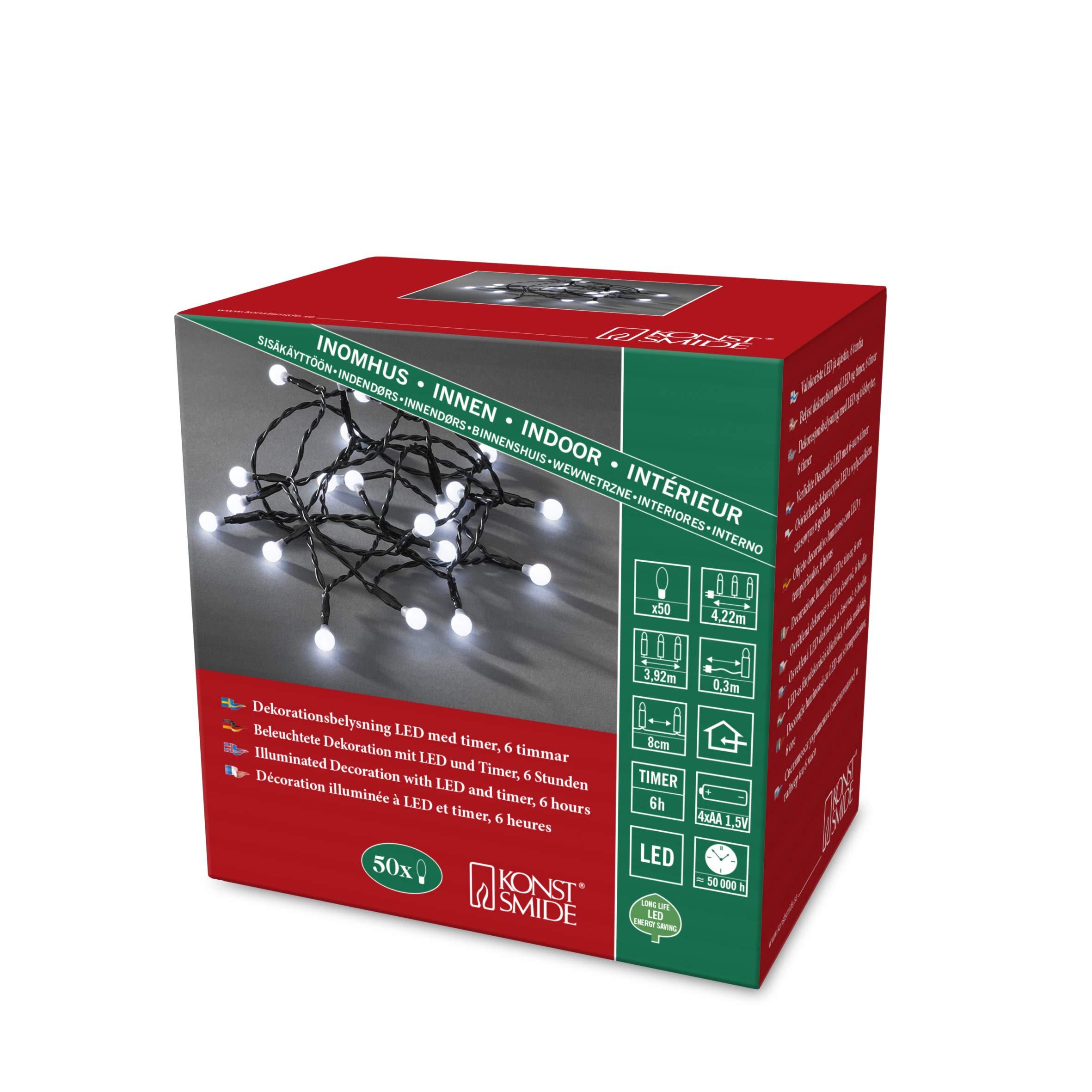 Konstsmide Christmas Lights LED Berry Set Round Diodes/Indoor Use (IP20) Battery Fairy Lights/Battery Operated: 4xAA 1.5V (excl.)/6h Timer/50 Cool White Diodes/Black Cable String Lights