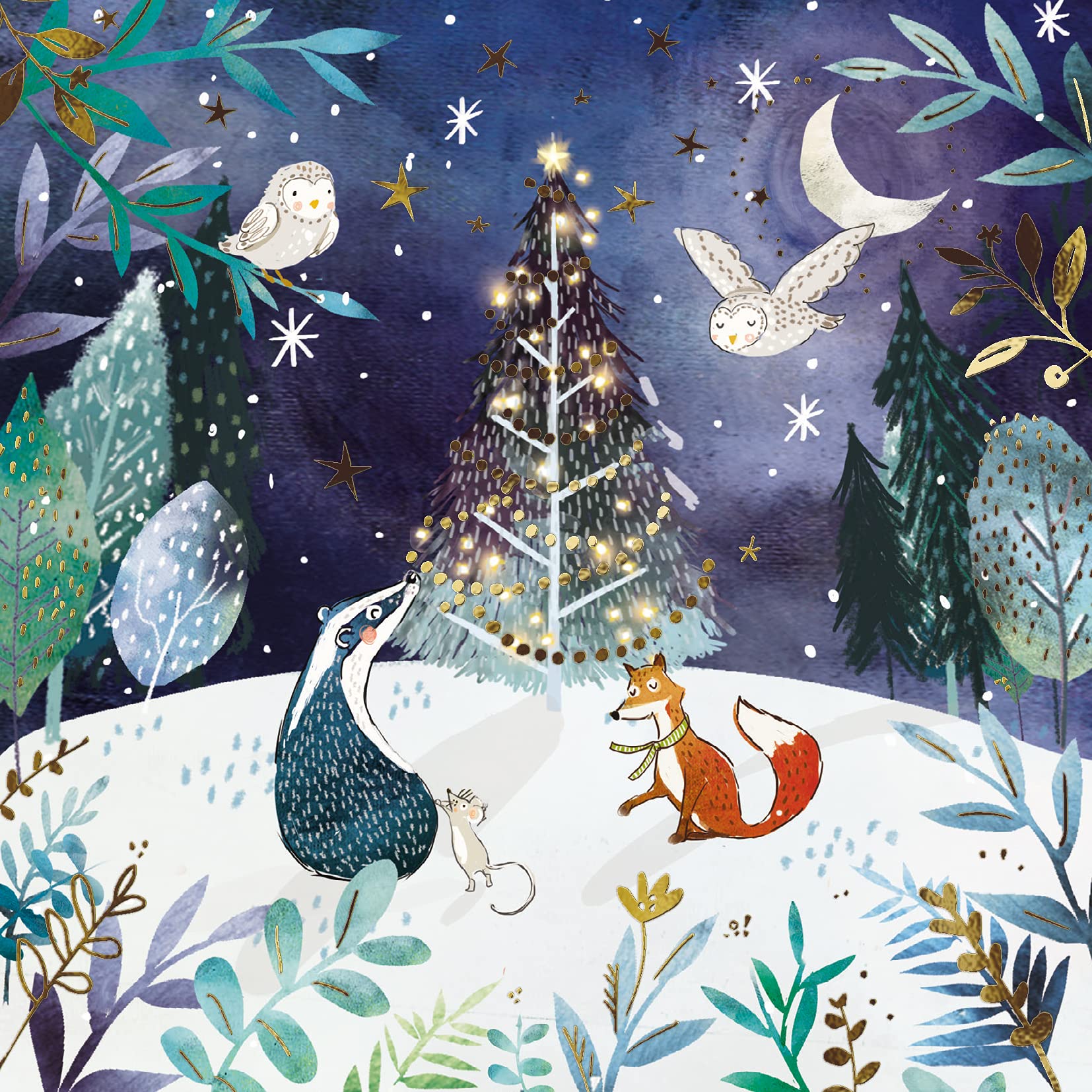 Ling Design Pack of 6 Charity Christmas Cards - 'Friends in the Forest' - 6 Cards of 1 Lovely Artistic Design - Gold Foil Finish, 146 x 146 x 14mm