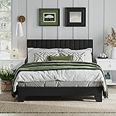 AILUNWALL Full Size Platform Bed Frame, Velvet Upholstered, Tufted Adjustable Headboard, No Box Spring Needed, Beige (Black, Full)