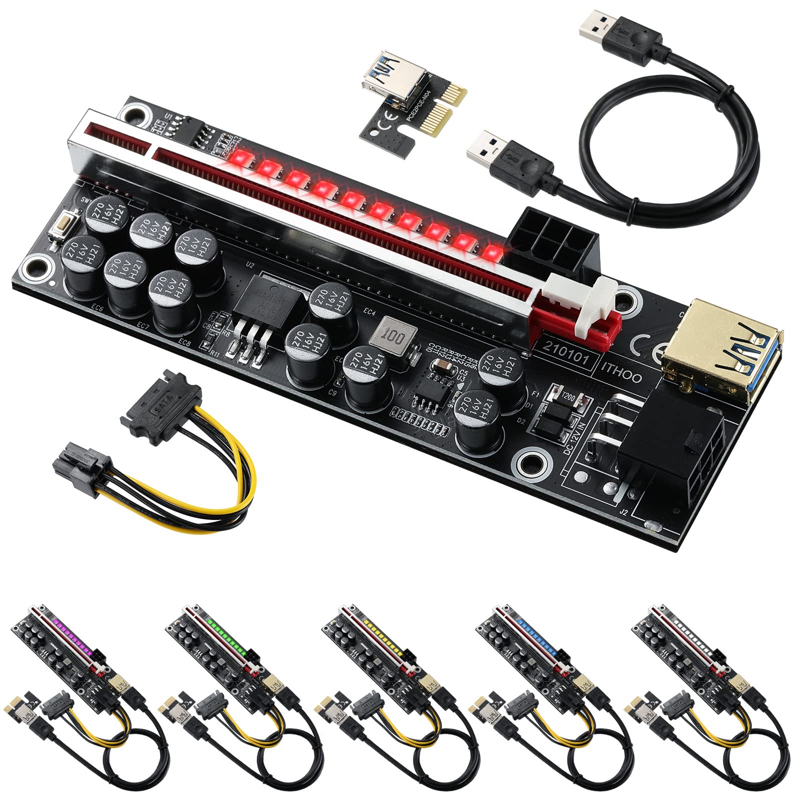MZHOU PCIE Riser Card GPU Riser Card with 11 Solid Capacitors Powered Riser Adapter Card Graphic Extension for Bitcoin Crypto Ethereum Mining(V014-MAX 6 Pack)