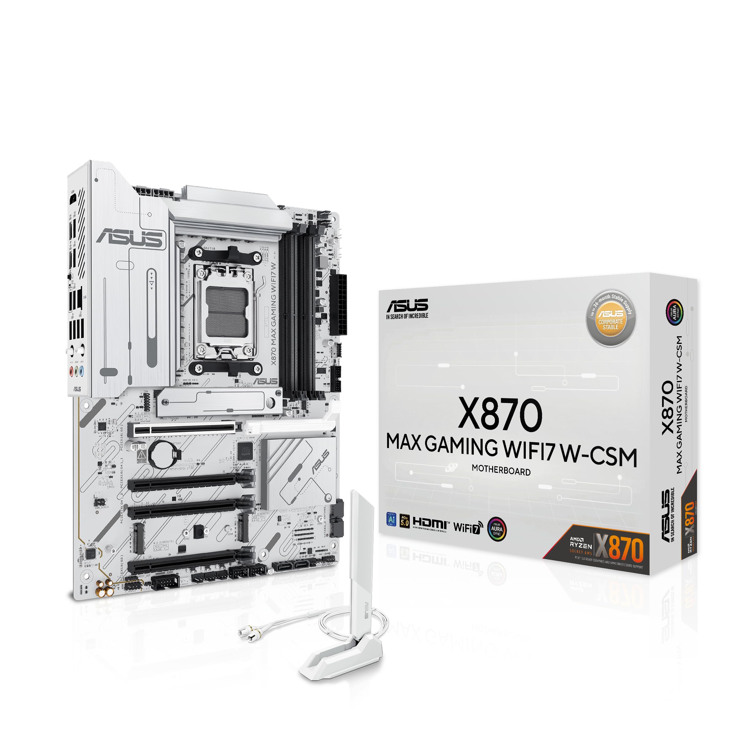 Photo 1 of ASUS X870 MAX GAMING WIFI7 W AMD AM5 ATX Motherboard, 8-layer White PCB, 12+2+1 80A DrMOS, DDR5, PCIe 5.0 x16 Q-Release, 3x M.2, Wi-Fi 7 Q-Antenna, USB4® Type-C®, 2.5Gb LAN, BIOS FlashBack™, Aura Sync