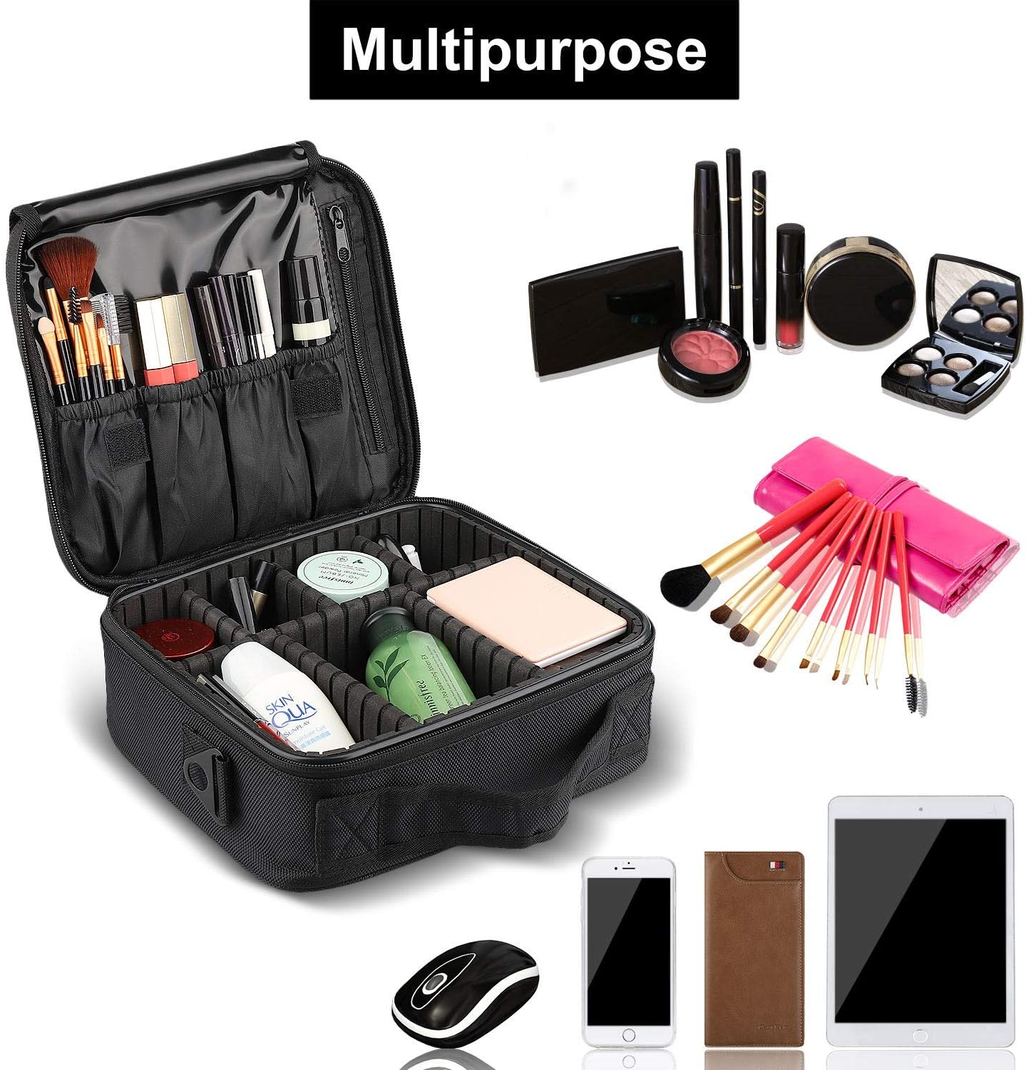 Travel Makeup Train Case LOMEZI,Makeup Cosmetic Case Organizer Portable Artist Storage Bag with Adjustable Dividers for Cosmetics Makeup Brushes Toiletry Jewelry Digital Accessories