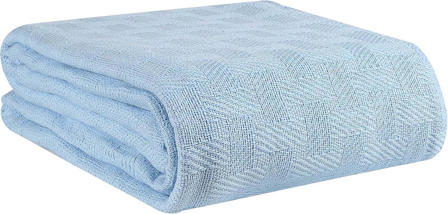 GLAMBURG 100% Cotton Bed Blanket, Breathable Bed Blanket Queen Size, Cotton Thermal Blankets Full - Queen Size, Perfect for Layering Any Bed for All Season - Sky Blue: Home & Kitchen