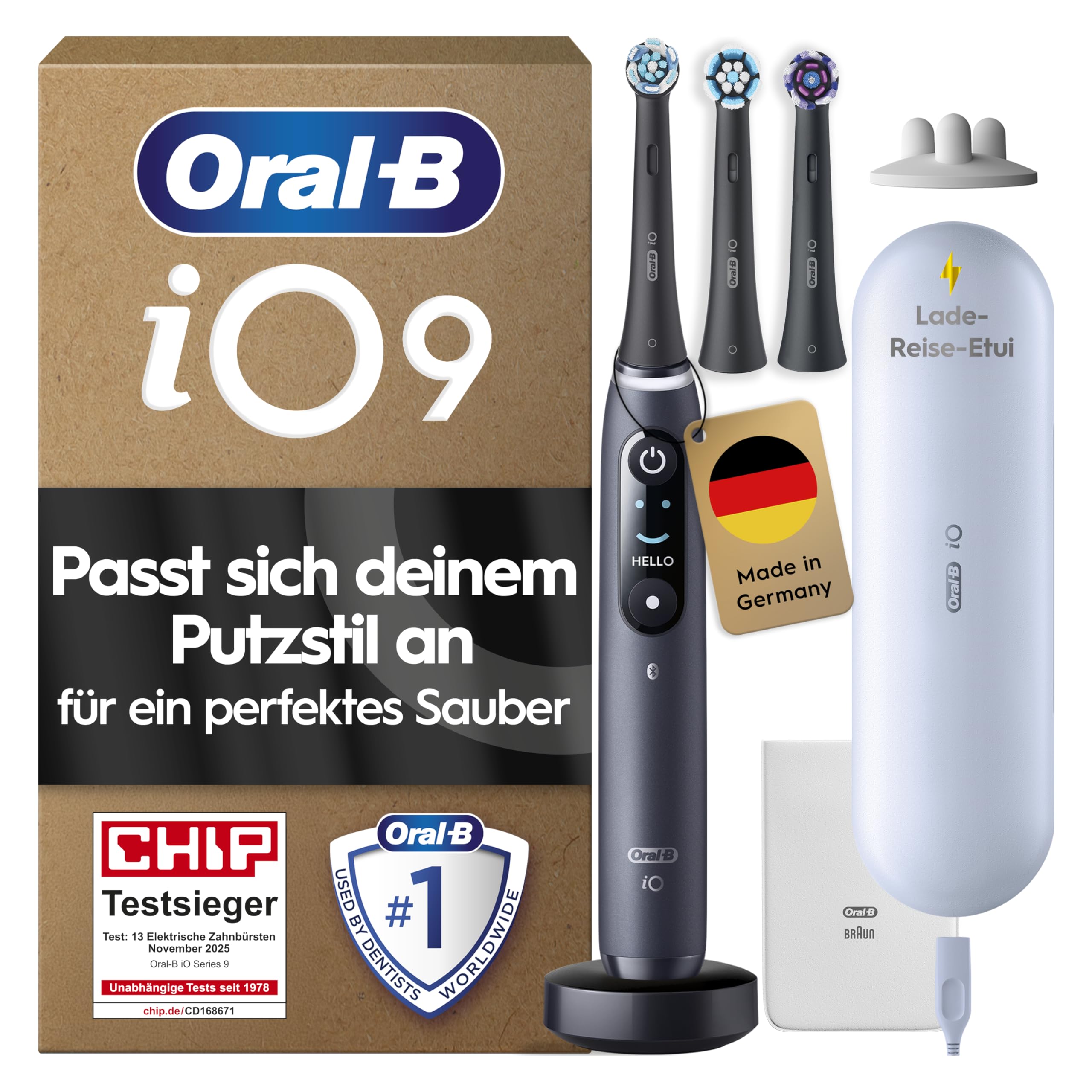 Oral-B iO Series 9 Elektrische Zahnbürste — Electric Toothbrush, Inkl. 3 Aufsteckbürsten — 7 Modi für Zahnpflege, CHIP Testsieger (11/25), Designed by Braun, Schwarz