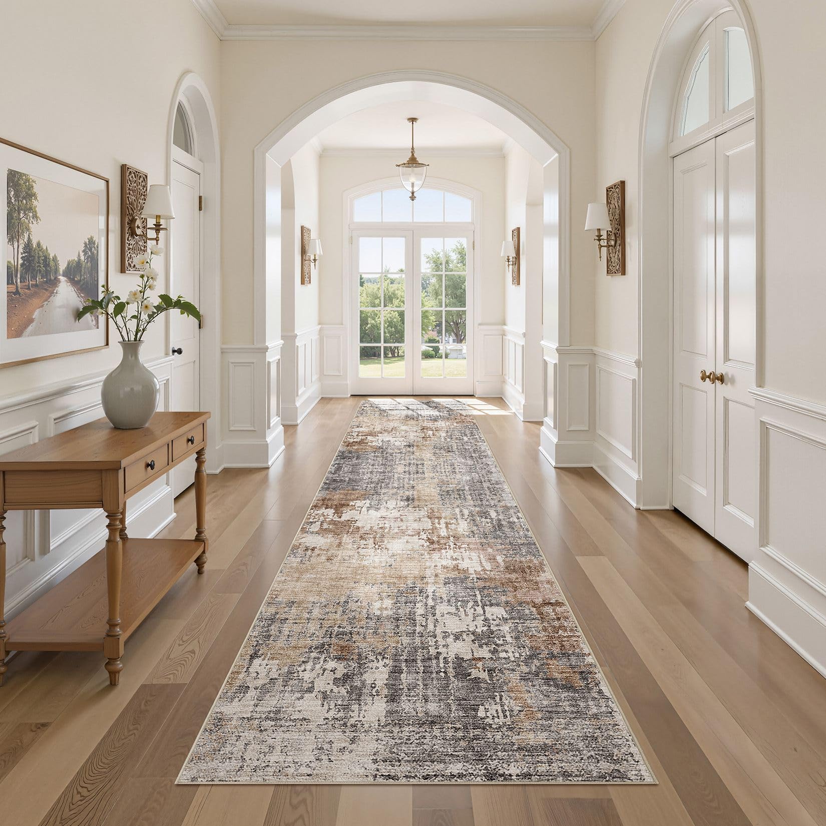 DMOYEST Washable Runner Rug for Hallway: 3x12 Neutral Modern Abstract Low Pile Area Rug with Non-Slip Backing - Carpet for Bedroom Kitchen Laundry Entryway Bathroom Indoor - Grey Brown Image