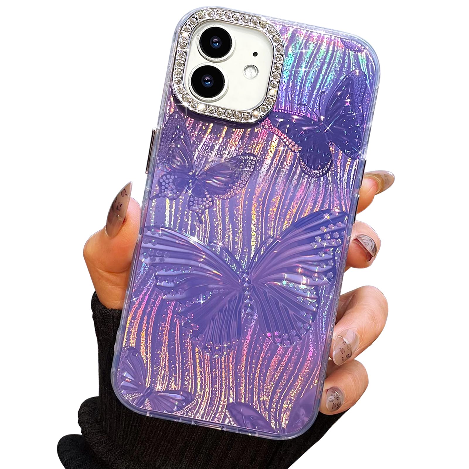 I-MGAE-IN-AR Compact Case for iPhone 11 Butterfly Design,3D Diamond Camera Lens Protection Frame,Cute Soft Slim TPU Shockproof Protective Phone Cases Cover for Women Girls Aesthetic Purple