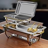 Gold Chafing Dishes for Buffet 2 Pack (2 Pans + 3 Utensils) - 9QT Stainless Steel Chafing Dish Buffet Set - Food Warmers for Parties Buffet - Buffet Servers and Warmers (2 Pack + 2 Pans + 3 Utensils)