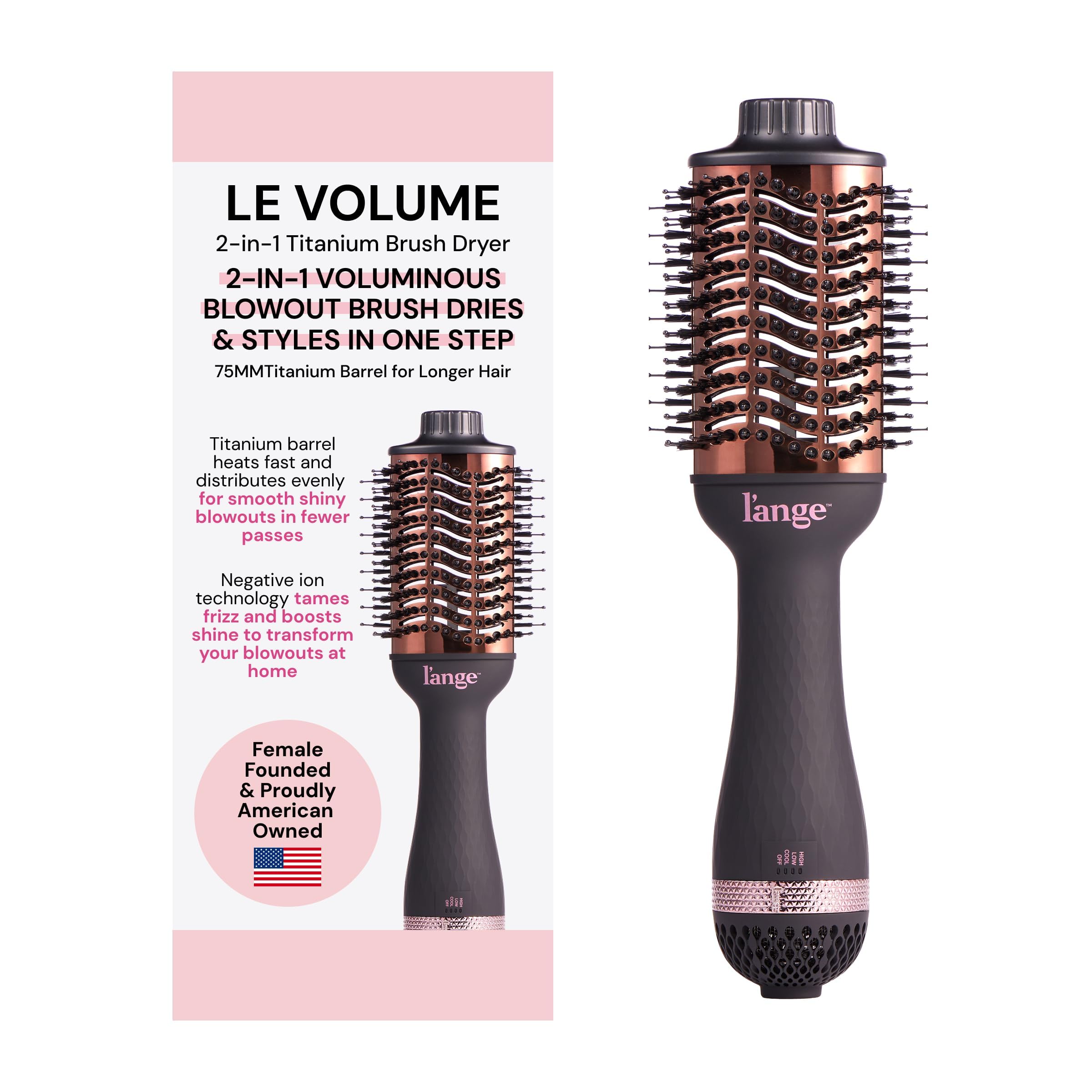 L'ANGE HAIR Le Volume 2-in-1 Titanium Blow Dryer Brush | Hot Air Brush for Hair Drying & Styling | Ionic Oval Barrel for Smooth, Frizz-Free Volume | (Black – 75mm)