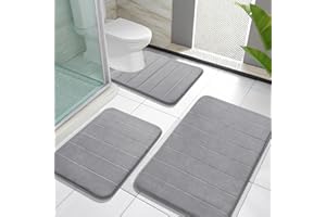 Yimobra Memory Foam Bath Mat Set 3 Pieces- Super Soft Absorbent Quick Dry Bathroom Rug Sets, Machine Washable Non Slip Floor Carpet for Tub Shower, Vanity & Toilet Base, Gray
