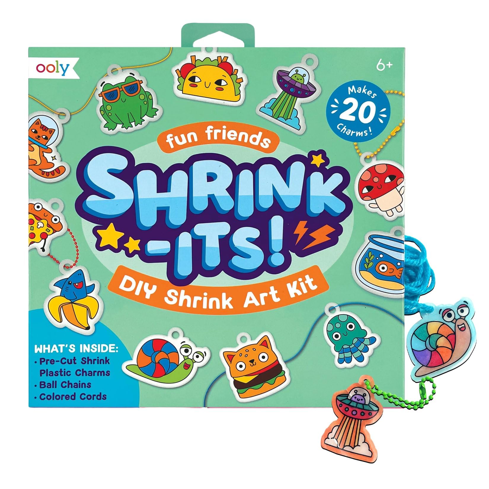 Ooly 28 PC DIY Shrinking Art Kit for Kids, 20 Plastic Pre Cut Charms and More, No Mess Creative Activity Jewelry Making Kit - Fun Friends