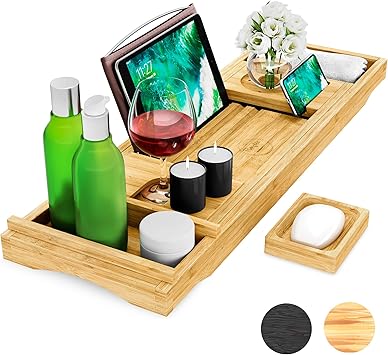 Pumpko® Bandeja para Bañera de Bambú (Color Natural) con Brazos Extensibles | Jabonera, Portavasos, Porta-Libros, Toallero, Soporte para Móvil y Tableta integrado