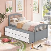 Twin Size Platform Storage Bed Solid Wood Bed with 6 Drawers, Grey+ White