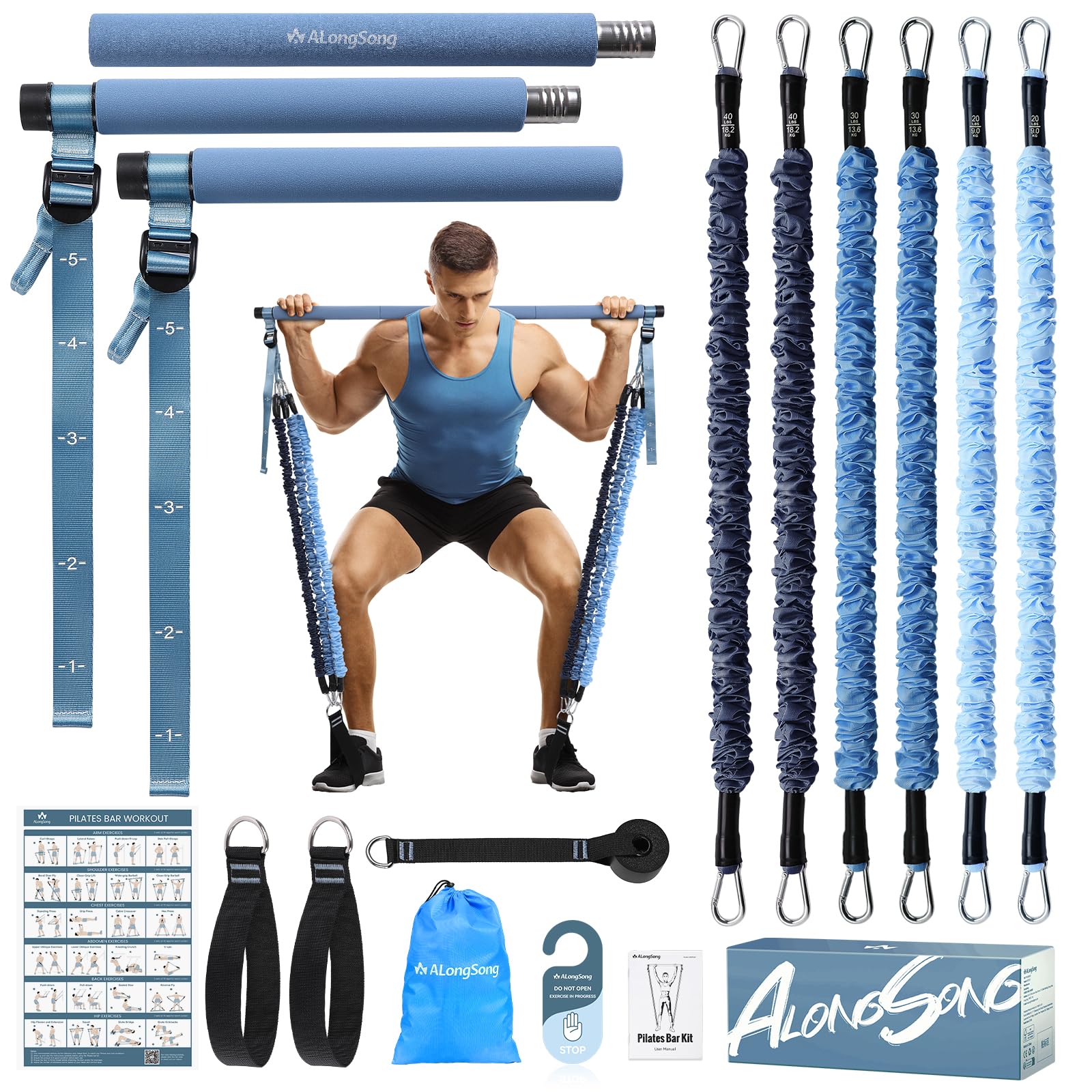 Photo 1 of ALongSong Upgraded Pilates Bar Kit with Resistance Bands Fabric Wrapped Natural Latex, Adjustable Exercise Equipment Multifunctional Yoga Pilates Stick for Home Gym Supports Full-Body, Denim Blue